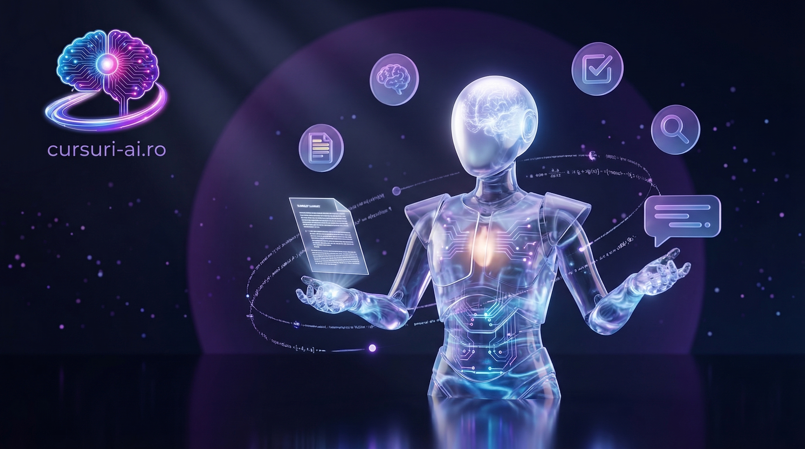 Profesorul Virtual AI de pe Cursuri AI — robot futurist cu elemente holografice