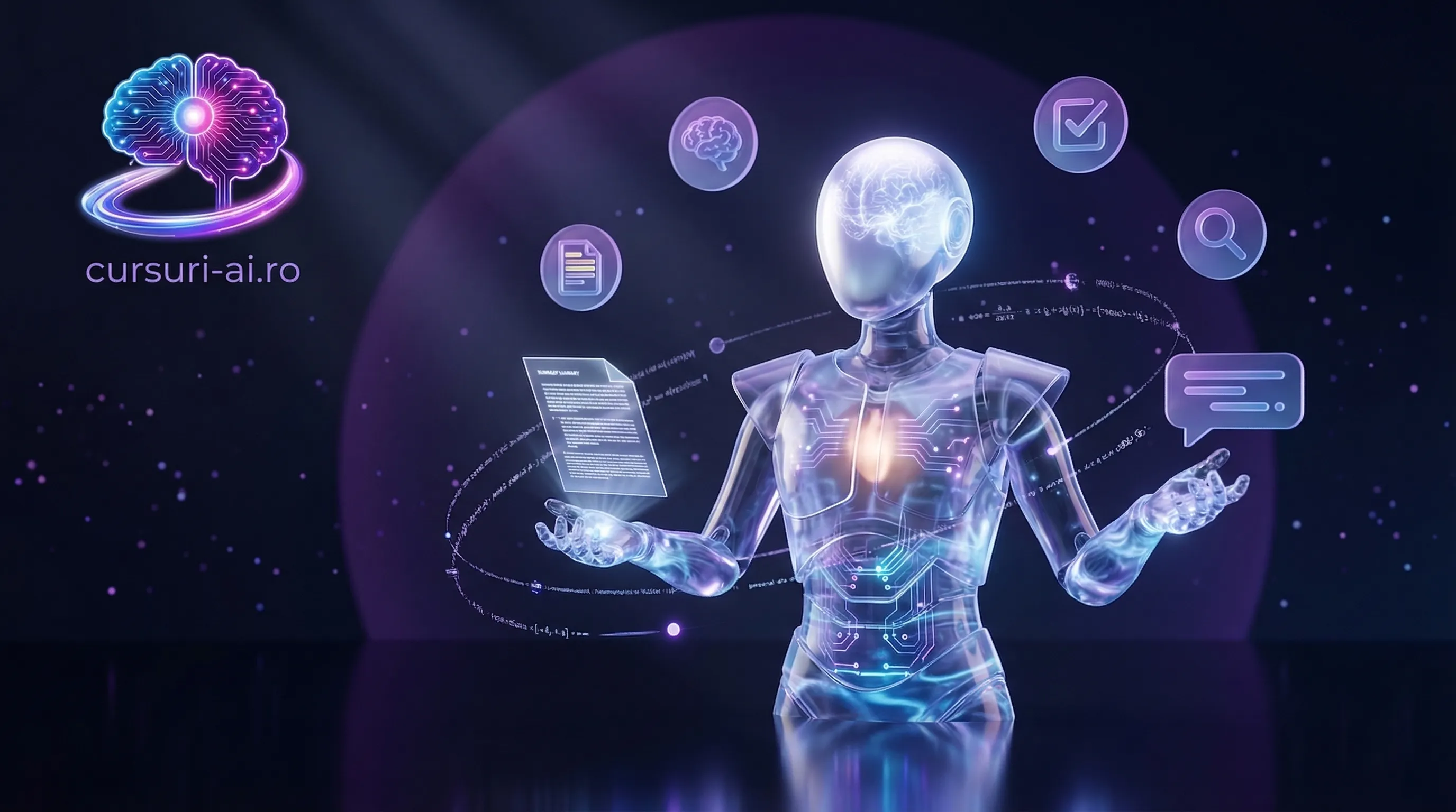 Profesorul Virtual AI de pe Cursuri AI — robot futurist cu elemente holografice