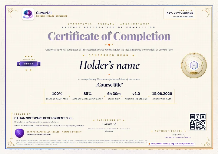 Example of a Cursuri AI Certificate of Completion with sample data: the serial number and the issue date in the top-right corner, the holder’s name, the course, the tier awarded, the percentage of lessons, the average score, the study time, the course version, the issuer and the verification QR code