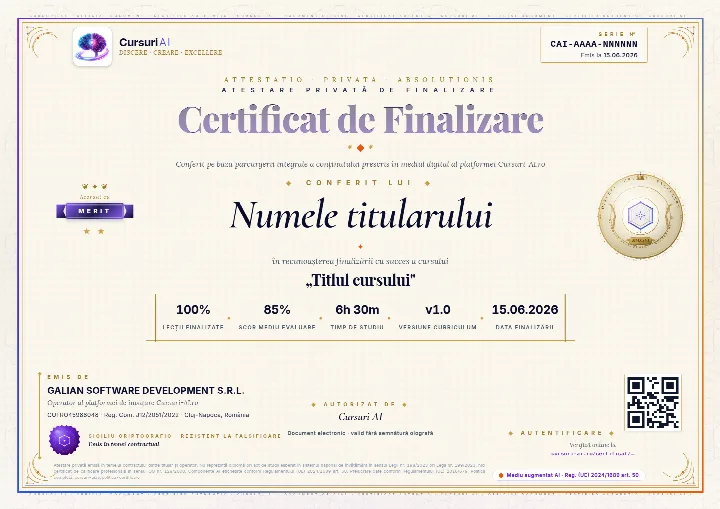 Exemplu de Certificat de Finalizare Cursuri AI, cu date de exemplu: seria și data emiterii în colțul din dreapta sus, numele titularului, cursul, treapta acordată, procentul de lecții, scorul mediu, timpul de studiu, versiunea cursului, emitentul și codul QR de verificare