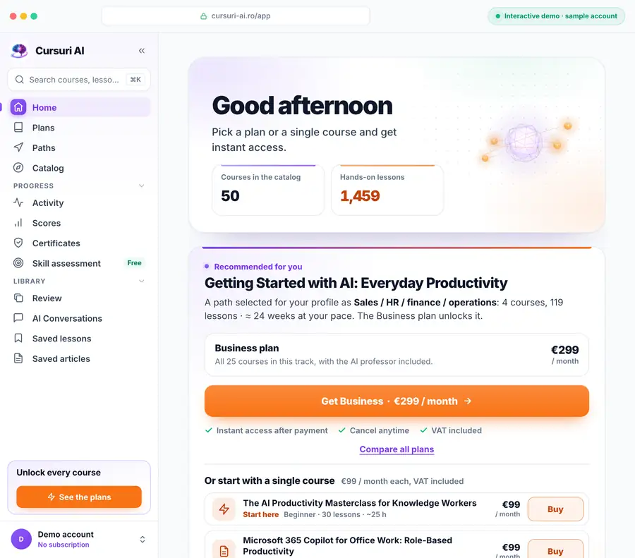 The Cursuri AI account: the home page, with the recommended path, its plan and the app menu