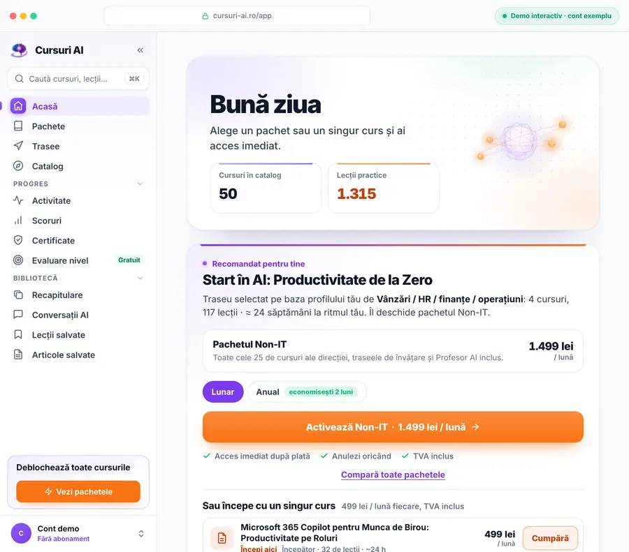 Contul Cursuri AI: prima pagină, cu traseul recomandat, pachetul lui și meniul aplicației