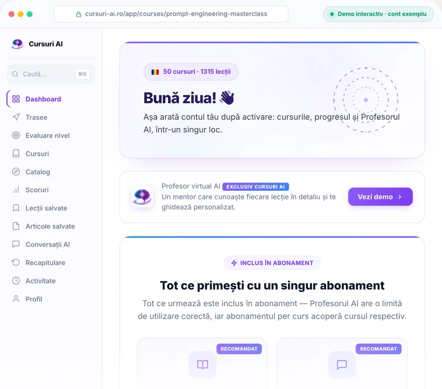 Contul Cursuri AI: dashboard cu cursuri, trasee, scoruri și Profesorul AI