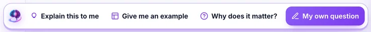 The AI Professor bar that appears in the lesson under the selected passage, with the actions “Explain this to me”, “Give me an example”, “Why does it matter?” and “My own question”