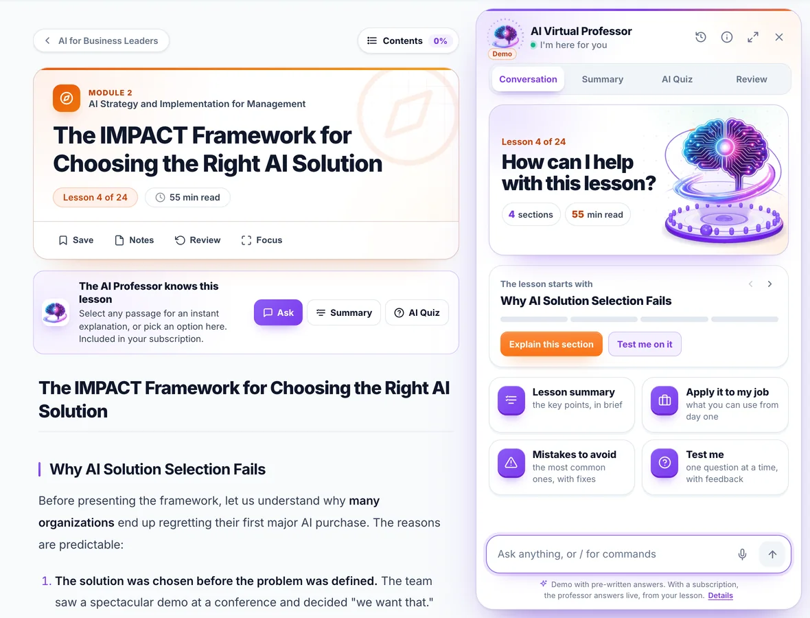 Capture of the app: an open lesson with the AI Professor panel next to it, with the Conversation, Summary, AI Quiz and Review tabs