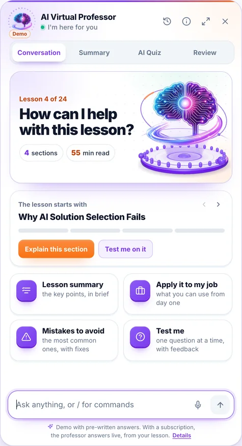 The AI Professor panel open in a lesson, with its four tabs: Conversation, Summary, AI Quiz and Review