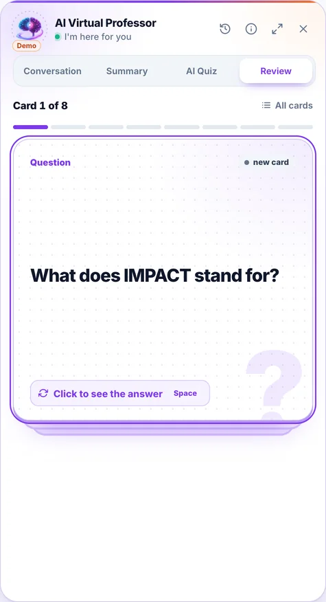 Screenshot from the app, the AI Professor panel: Review