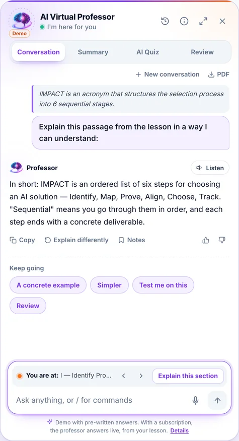 Screenshot from the app, the AI Professor panel: Conversation