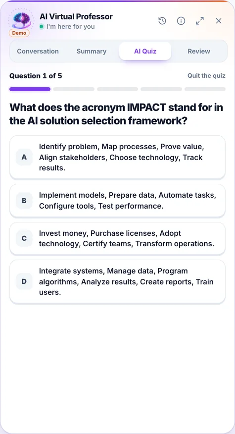 Screenshot from the app, the AI Professor panel: AI Quiz