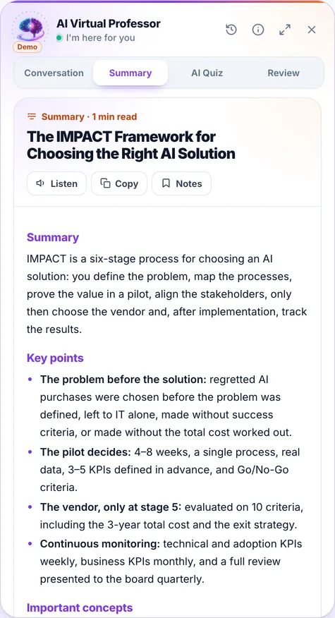 Screenshot from the app, the AI Professor panel: Summary