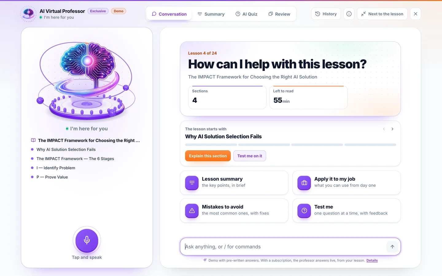 The full-screen session: the professor’s stage, the list of lesson sections, the starters and the question field