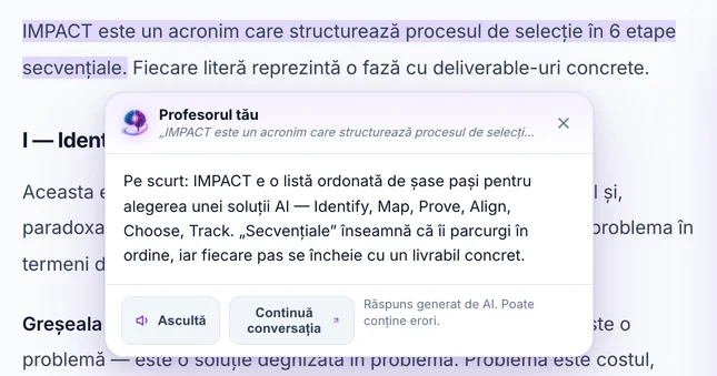 Răspunsul profesorului afișat sub pasajul selectat din lecție, cu butoanele „Ascultă” și „Continuă conversația”