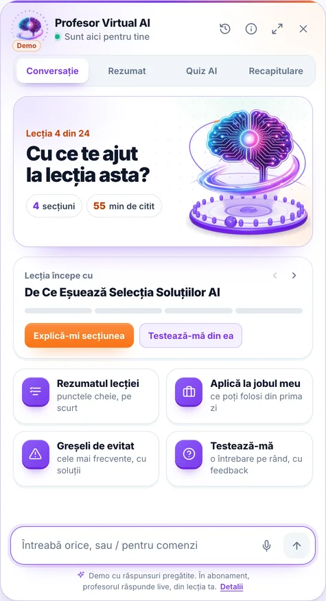 Captură din aplicație, panoul Profesorului AI: În lecție