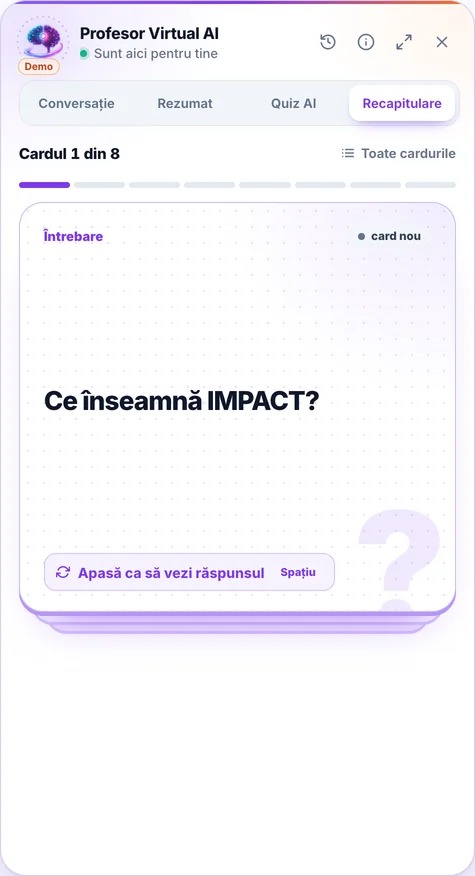 Captură din aplicație, panoul Profesorului AI: Recapitulare