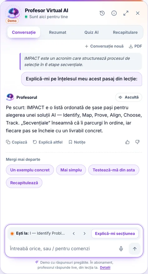 Captură din aplicație, panoul Profesorului AI: Conversație