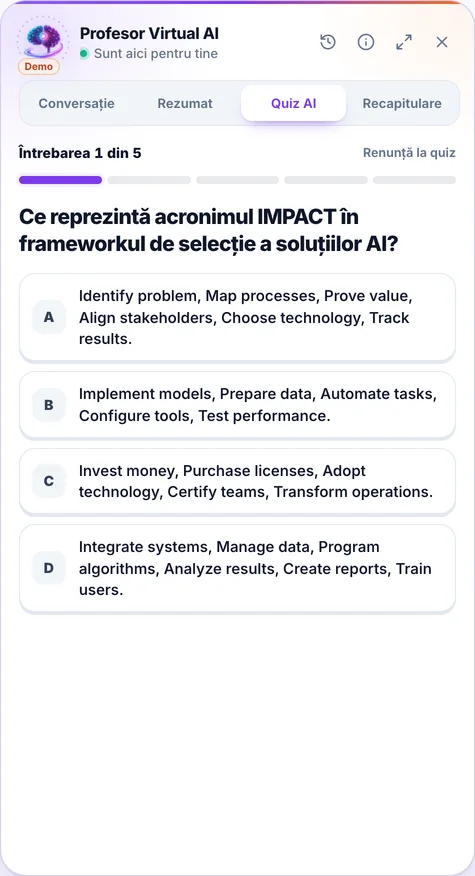 Captură din aplicație, panoul Profesorului AI: Quiz AI