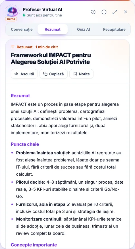 Captură din aplicație, panoul Profesorului AI: Rezumat